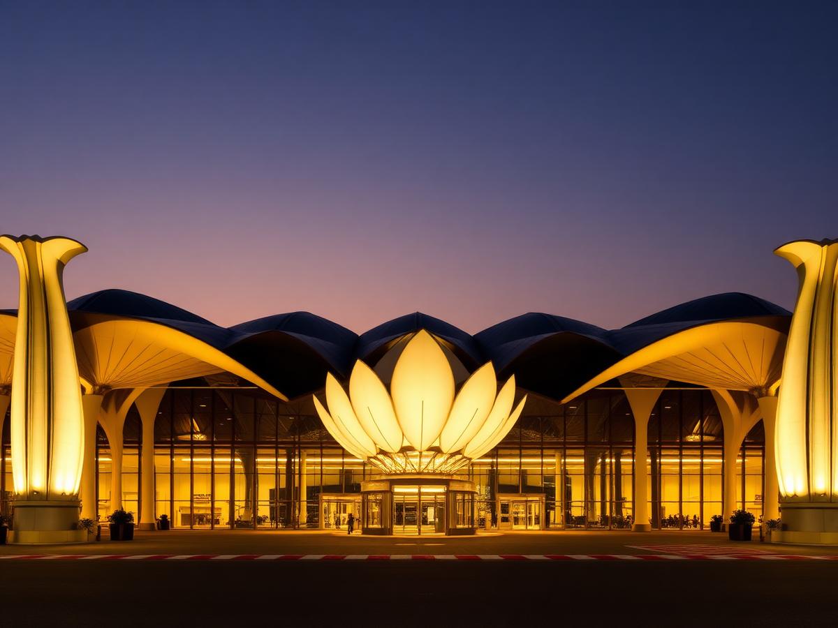 Chhatrapati Shivaji Maharaj International Airport Terminal 2 exterior illuminated at dusk