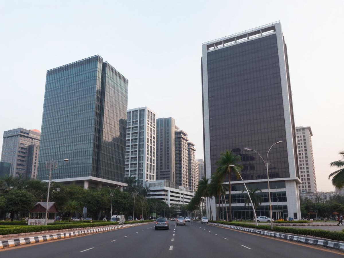 Corporate office buildings along a wide boulevard in Andheri East, Mumbai