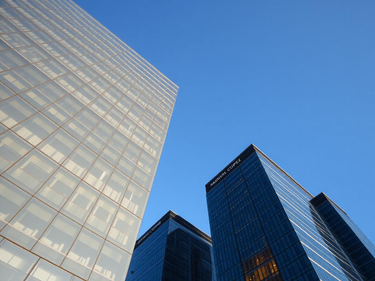 Glass corporate towers of Bandra Kurla Complex, Mumbai, seen from street level