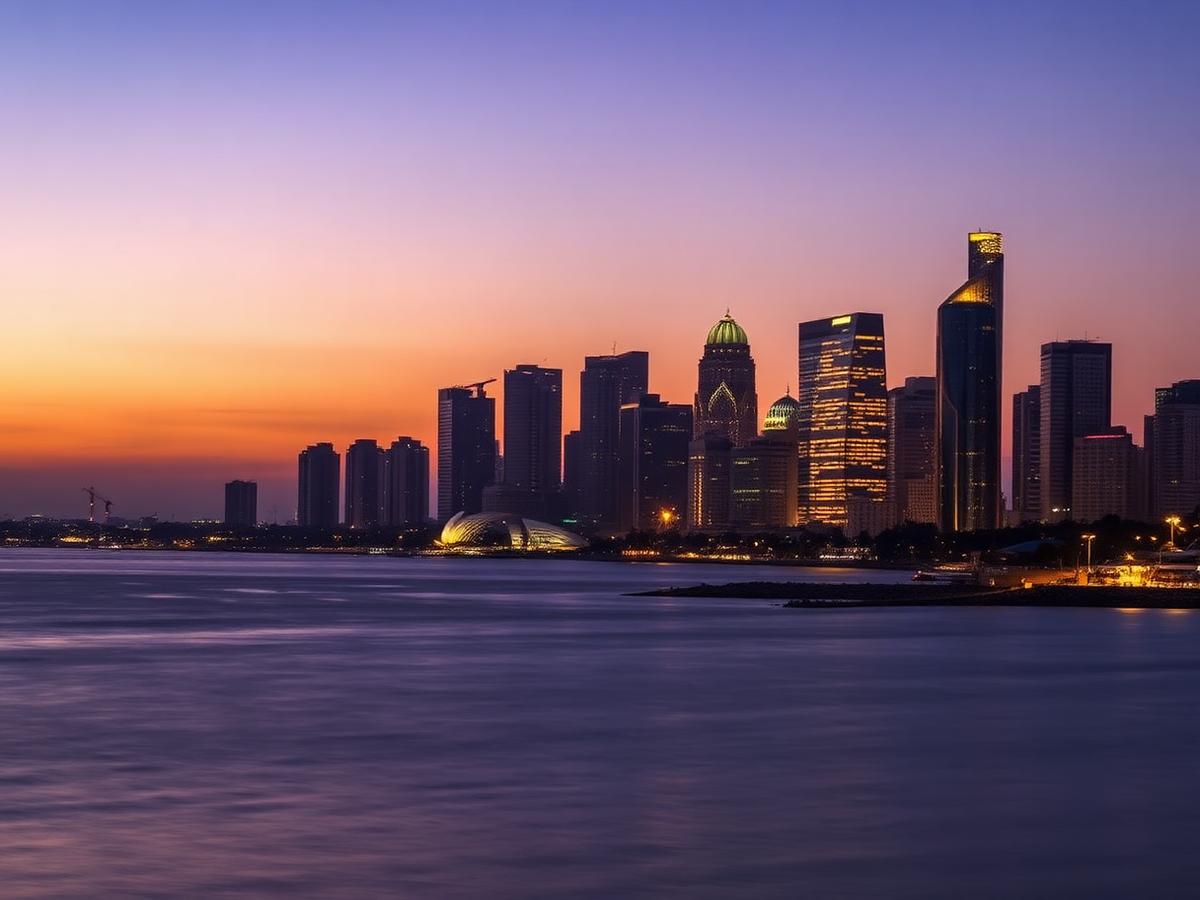 Nariman Point corporate skyline at dusk seen across the bay from Marine Drive