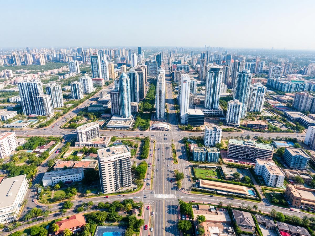 Aerial view of the planned business district of Navi Mumbai with wide boulevards