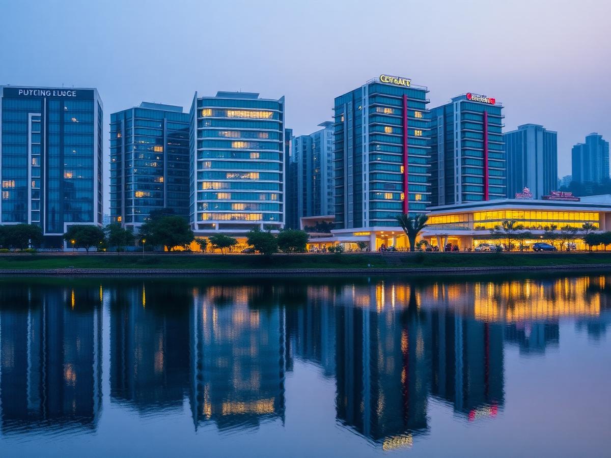 Office towers beside Powai Lake, Mumbai, reflected in the water at dawn