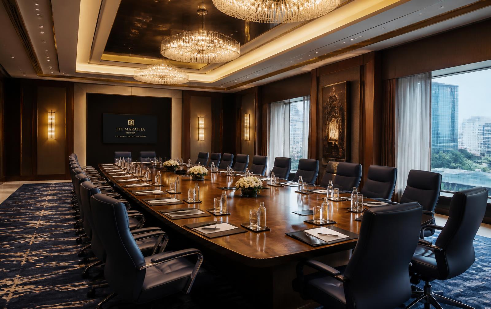 Corporate conference room set for a board meeting in a Mumbai business hotel